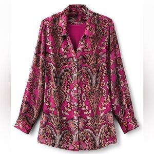 Soft Surroundings Large Shirt Pink Bellarosa Velvet Tunic Button Up Burnout Boho